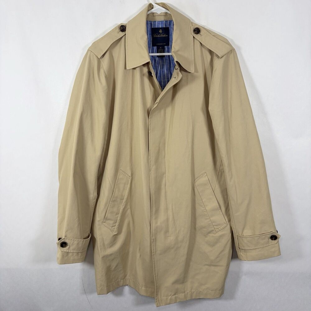 Brooks Brothers Trench Coat Men Medium Beige Button Front Linen Lined Mid Length